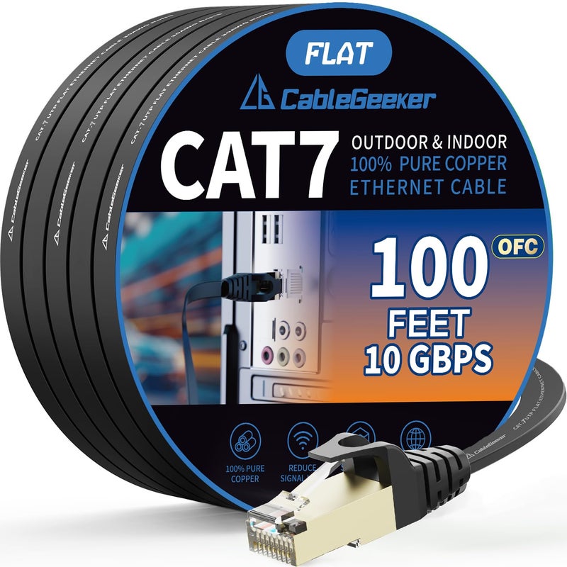 CableGeeker Cat 7 Shielded Ethernet Patch Cable 100 ft Black (Highest Speed Cable) Cat7 Flat Internet Network Cables with Snagless RJ45 Connector for Modem, Router, LAN, Computer + Free Clips and Straps - Image 1